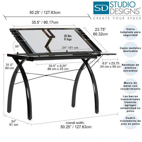 Beula Arkitec: Mesa Futura Craft And Drawing Station con Tablero Inclinable y Estante Plegable Negro / Vidrio Transparente