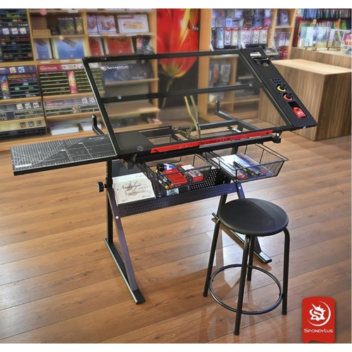 Beula Arkitec: Mesa de Dibujo Tempered Glass Adjustable with drawer + Banco Spondylus